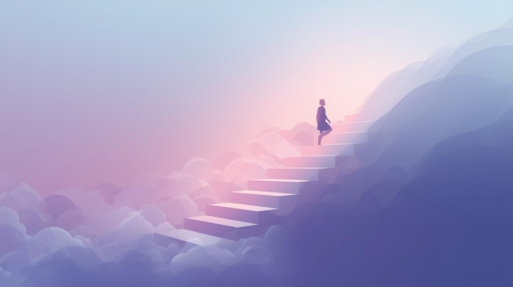 "Minimalist illustration of person climbing glowing steps showing progress"
