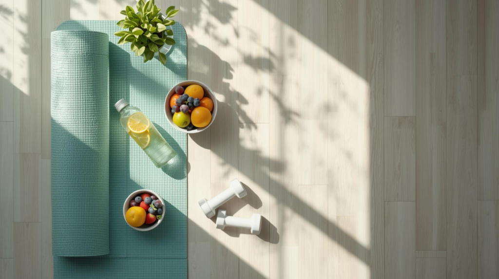 "Flat lay of yoga mat, water bottle, and healthy foods for fitness goals"