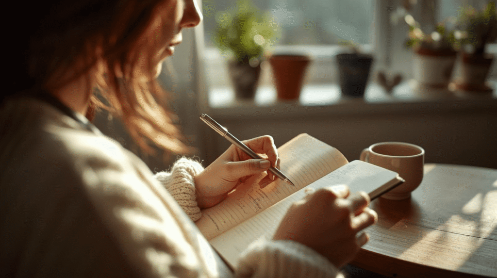 "Person journaling by window in morning light showing self-reflection"