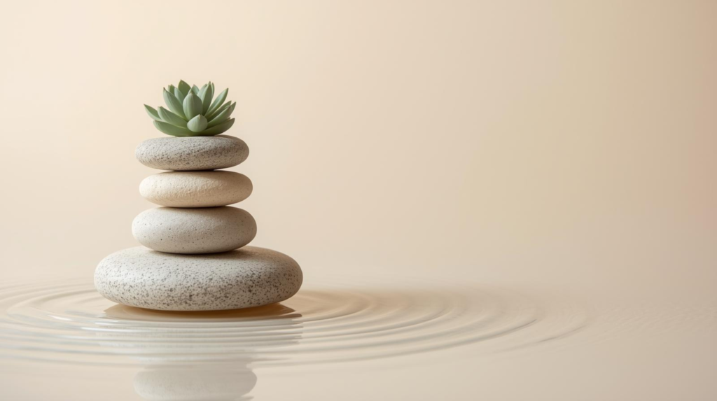 "Balanced zen stones and water ripples representing life harmony"