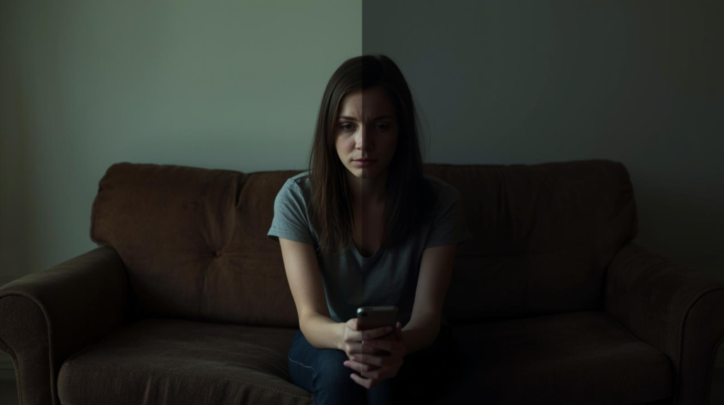 Sad woman sitting on a couch looking away while her indifferent partner reaches out from behind, depicting emotional imbalance and quiet loneliness in a relationship.