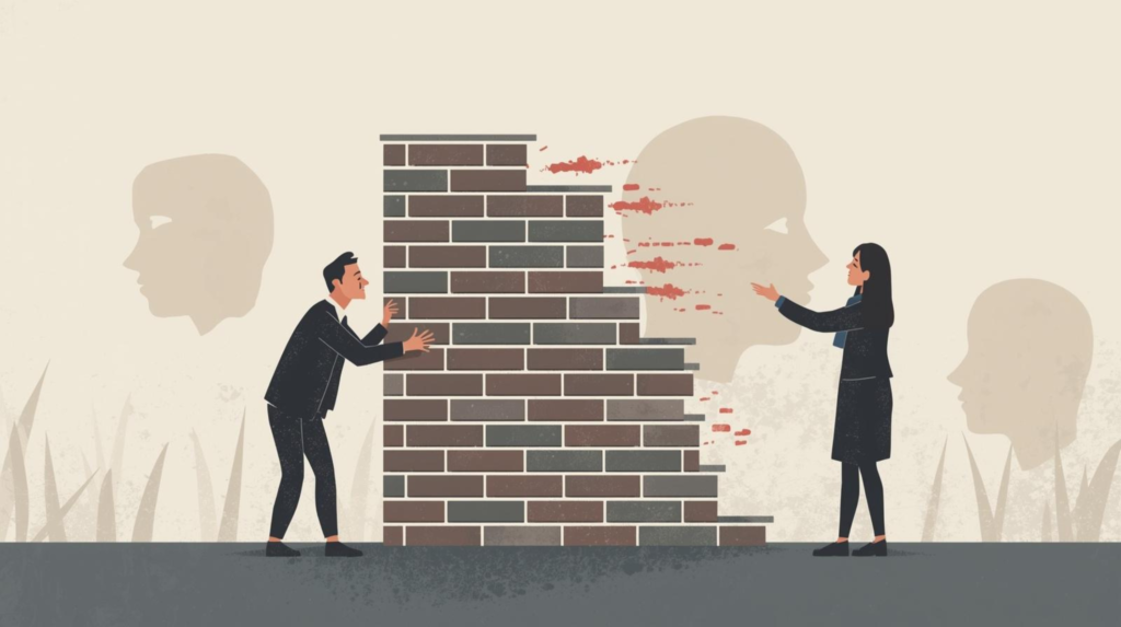 Symbolic artwork of a person building a brick wall for self-protection while another reaches out from the other side, illustrating avoidant attachment and emotional barriers in relationships.