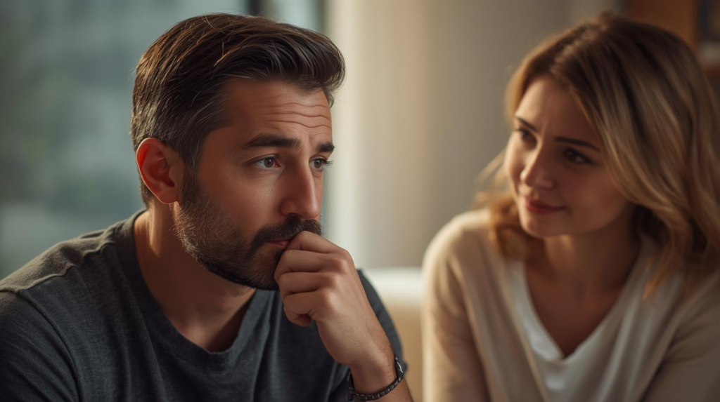 Man opening up vulnerably in a supportive conversation or group therapy setting, sitting with clasped hands and attentive listeners, representing personal growth and learning emotional availability.