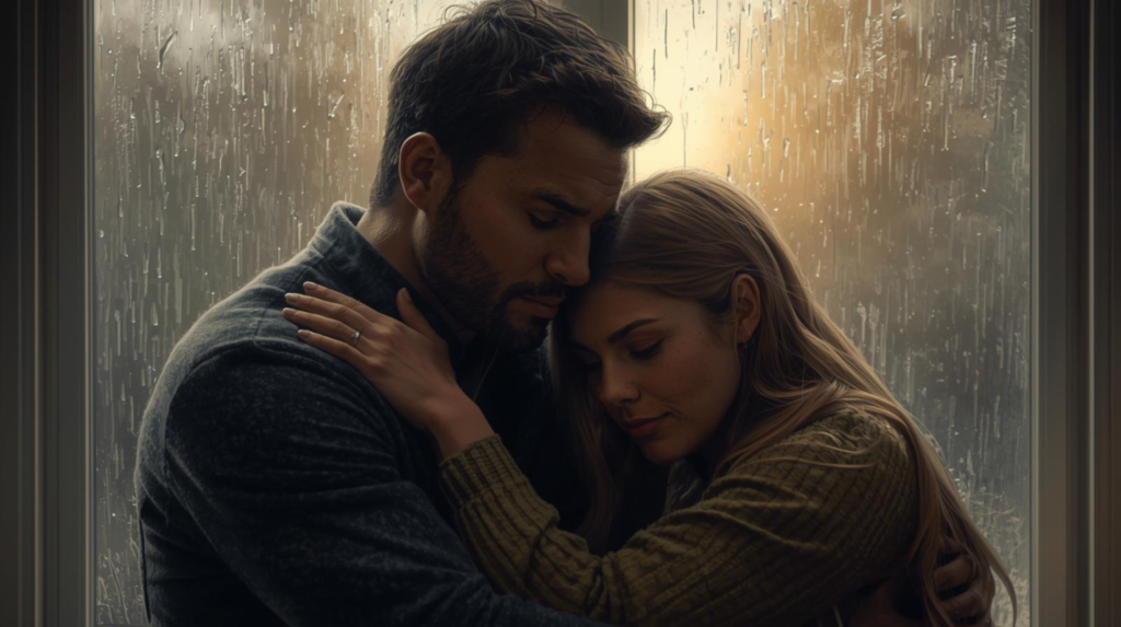 Couple leaning into each other in a supportive embrace during a challenging moment, with warm light breaking through a rainy window, symbolizing emotional resilience, willingness to stay, and long-lasting love.