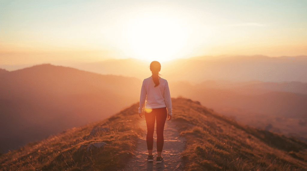 Alt Text: Person standing on mountain path at sunrise symbolizing self-improvement journey