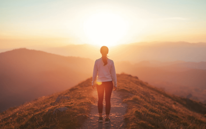Alt Text: Person standing on mountain path at sunrise symbolizing self-improvement journey